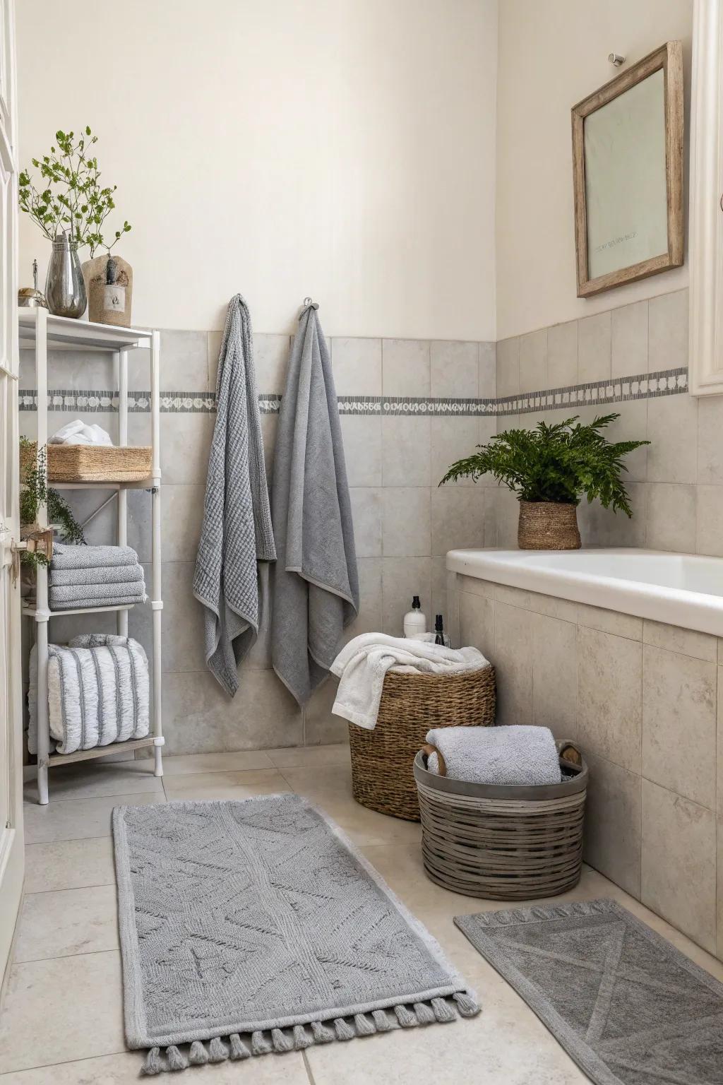 Grey accents unify and balance striking elements in this chic bathroom.