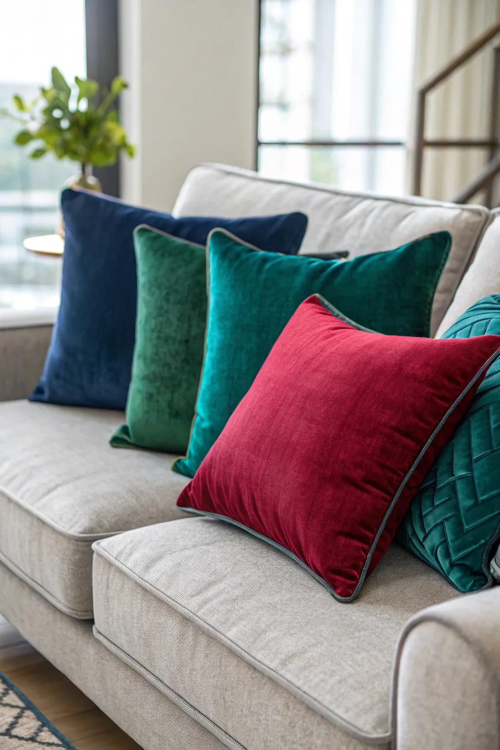 Rich colors add a luxurious touch to a charcoal sofa.