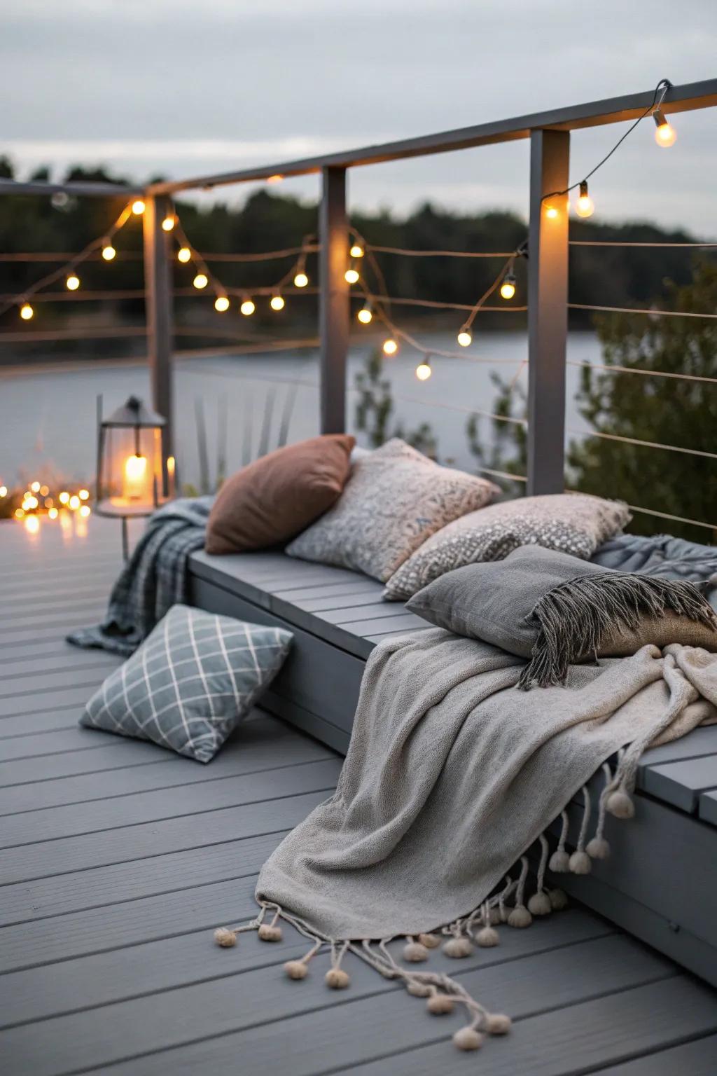 A snug grey patio illuminated by ambient string lights.