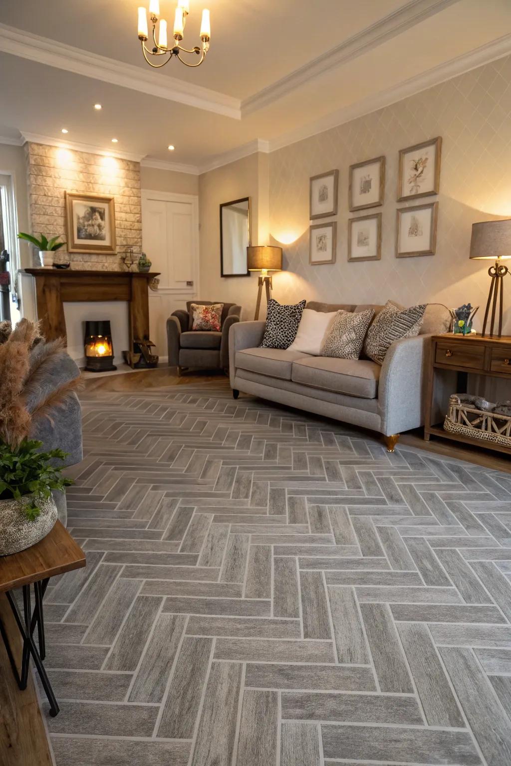 Herringbone patterns introduce sophistication to grey floors.