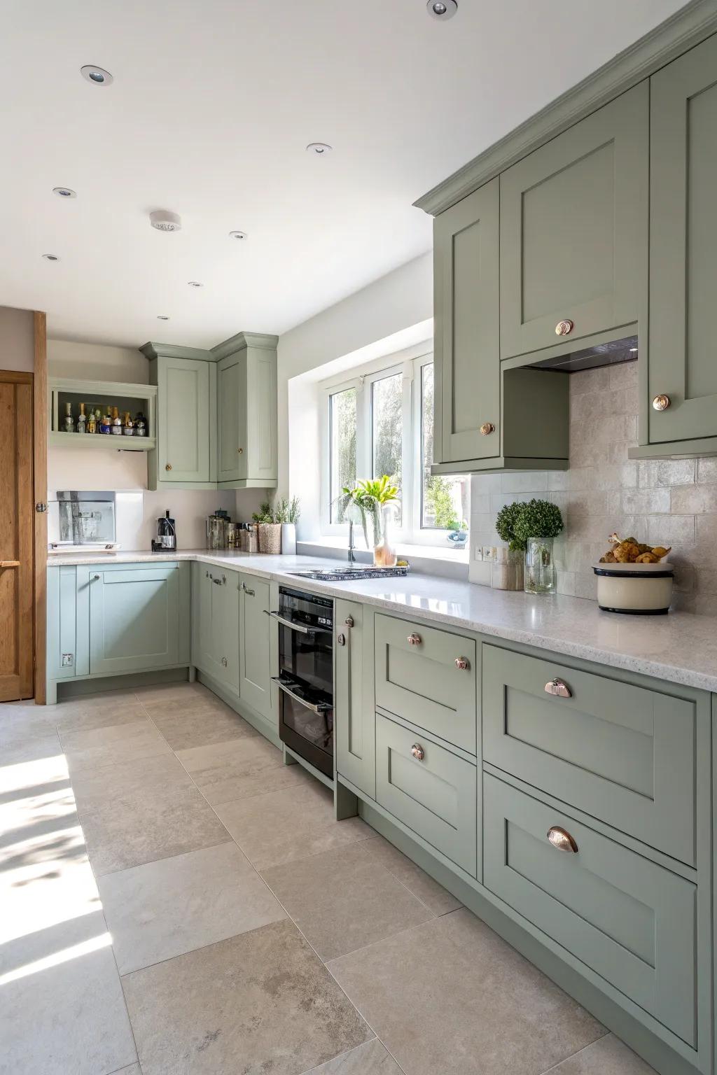 Light countertops make the greenish-gray cabinets feel airy.