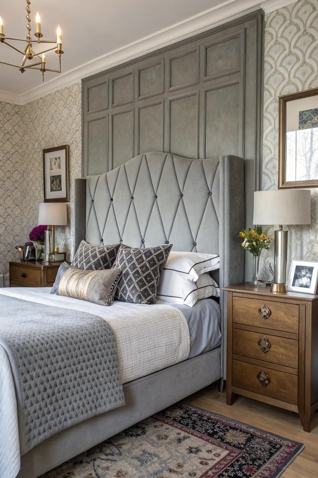 A bedroom that seamlessly blends modern and classic pieces with a stone-toned headboard.