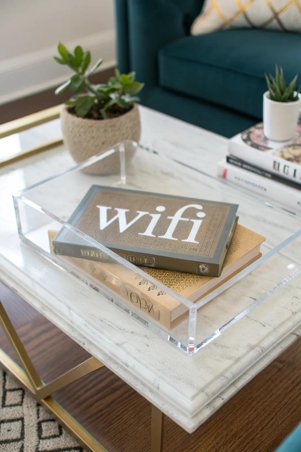 An acrylic tray displaying WiFi details in a chic and functional manner.