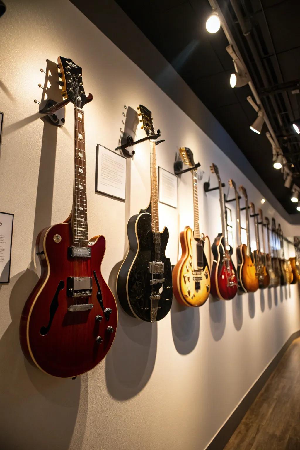Instruments accentuated via spotlights, to institute a gallery impression.