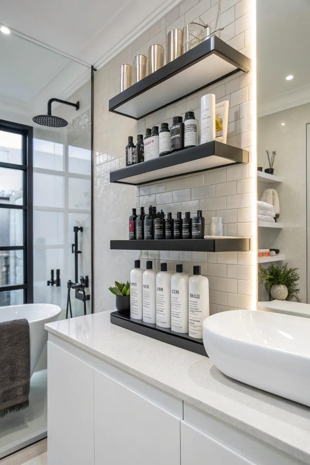 Minimalist wall-mounted displays for a clean and organized design.