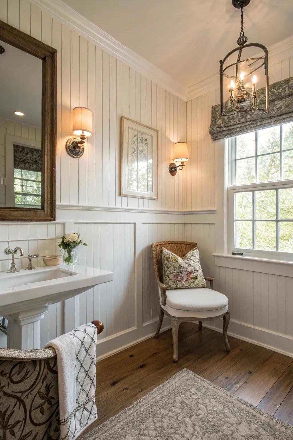 Paneling introduces a spa-like elegance to this restroom.