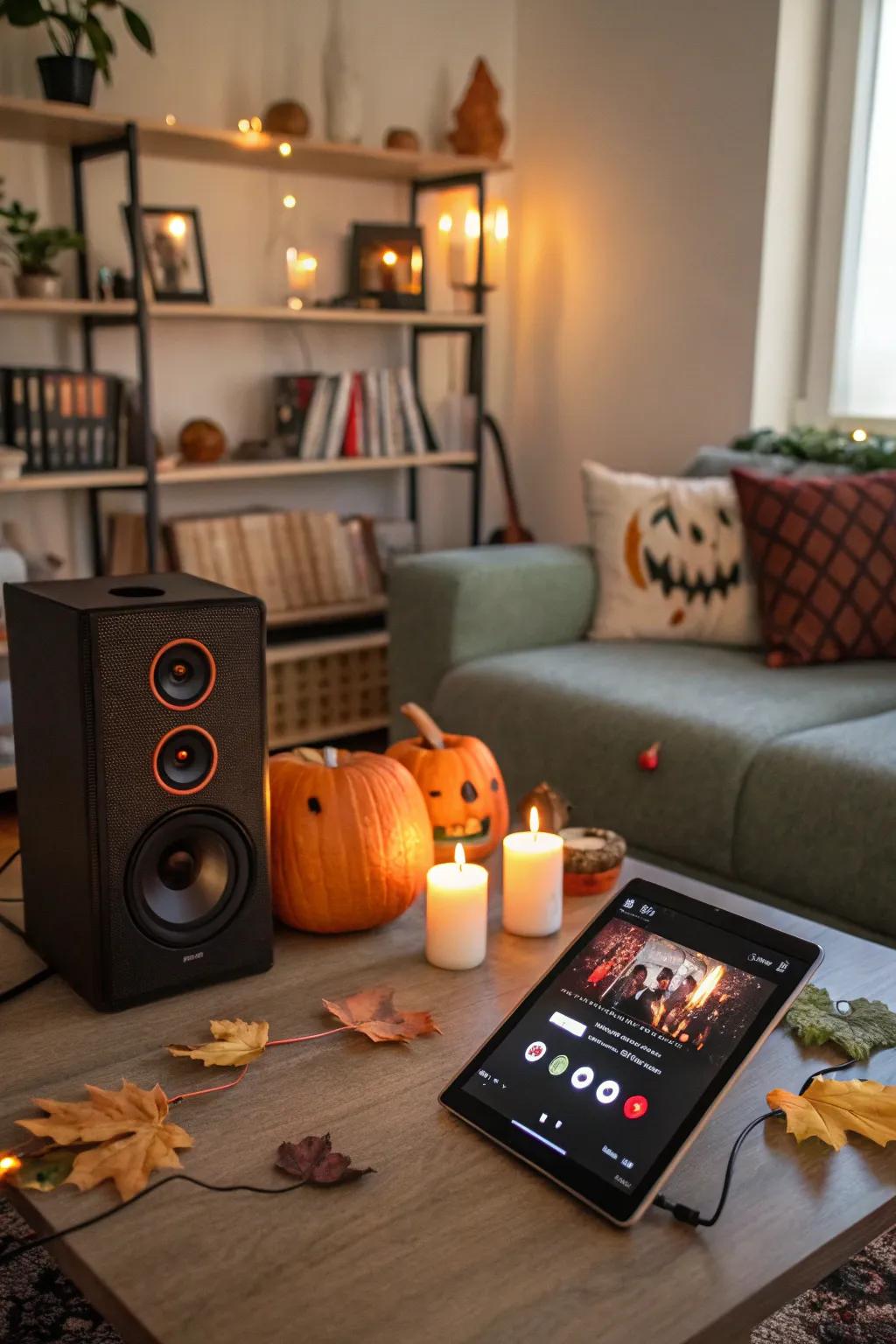 A spooky music playlist sets the mood for a festive gathering.