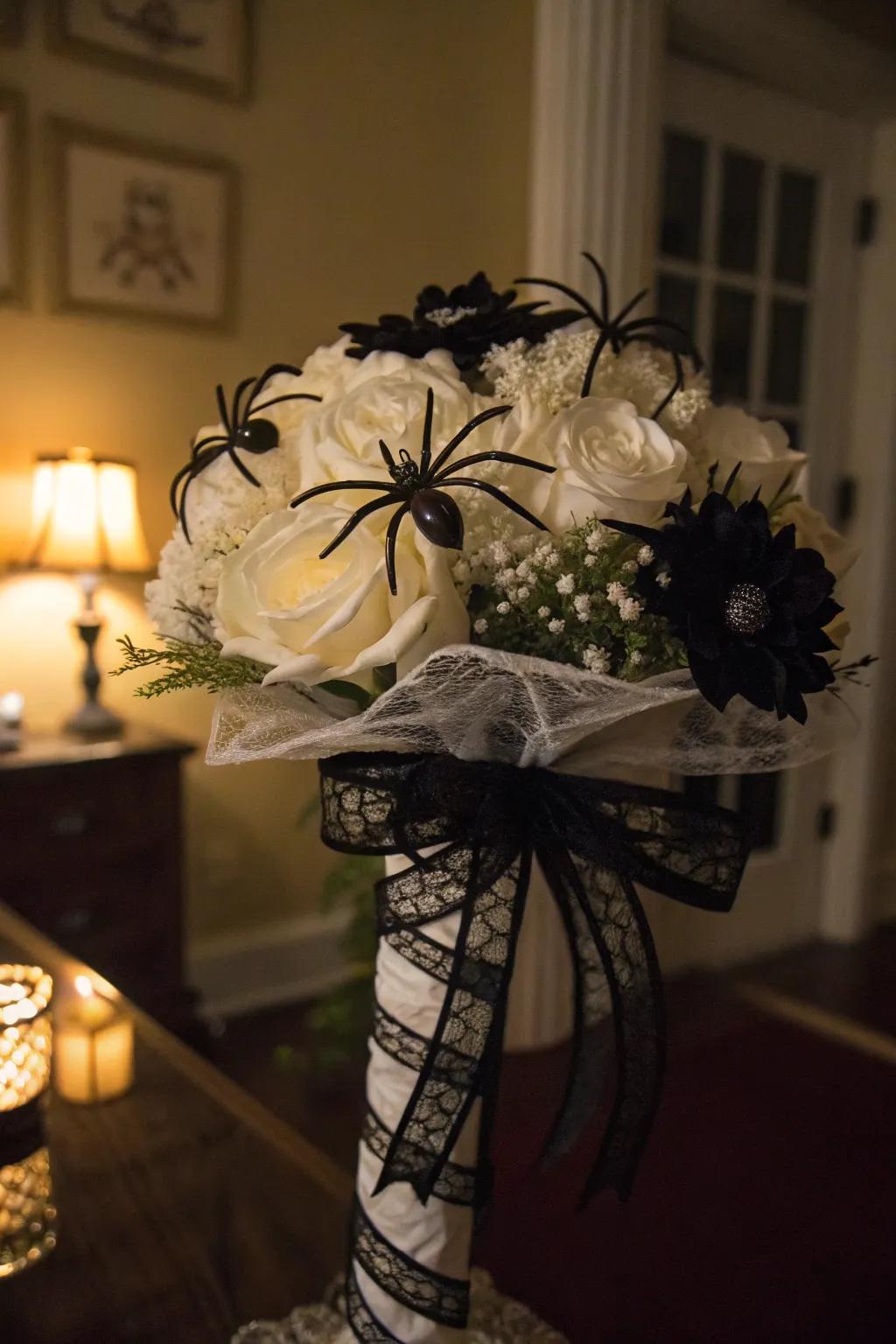Chilling crawlers and lace are ingredients for a spine-chilling yet elegant Halloween bouquet.