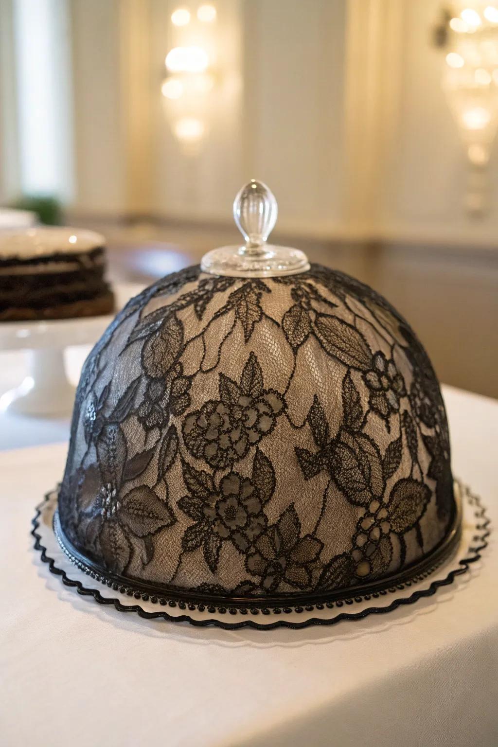 Lacework textile within a display cover introduces a hint of enigma.