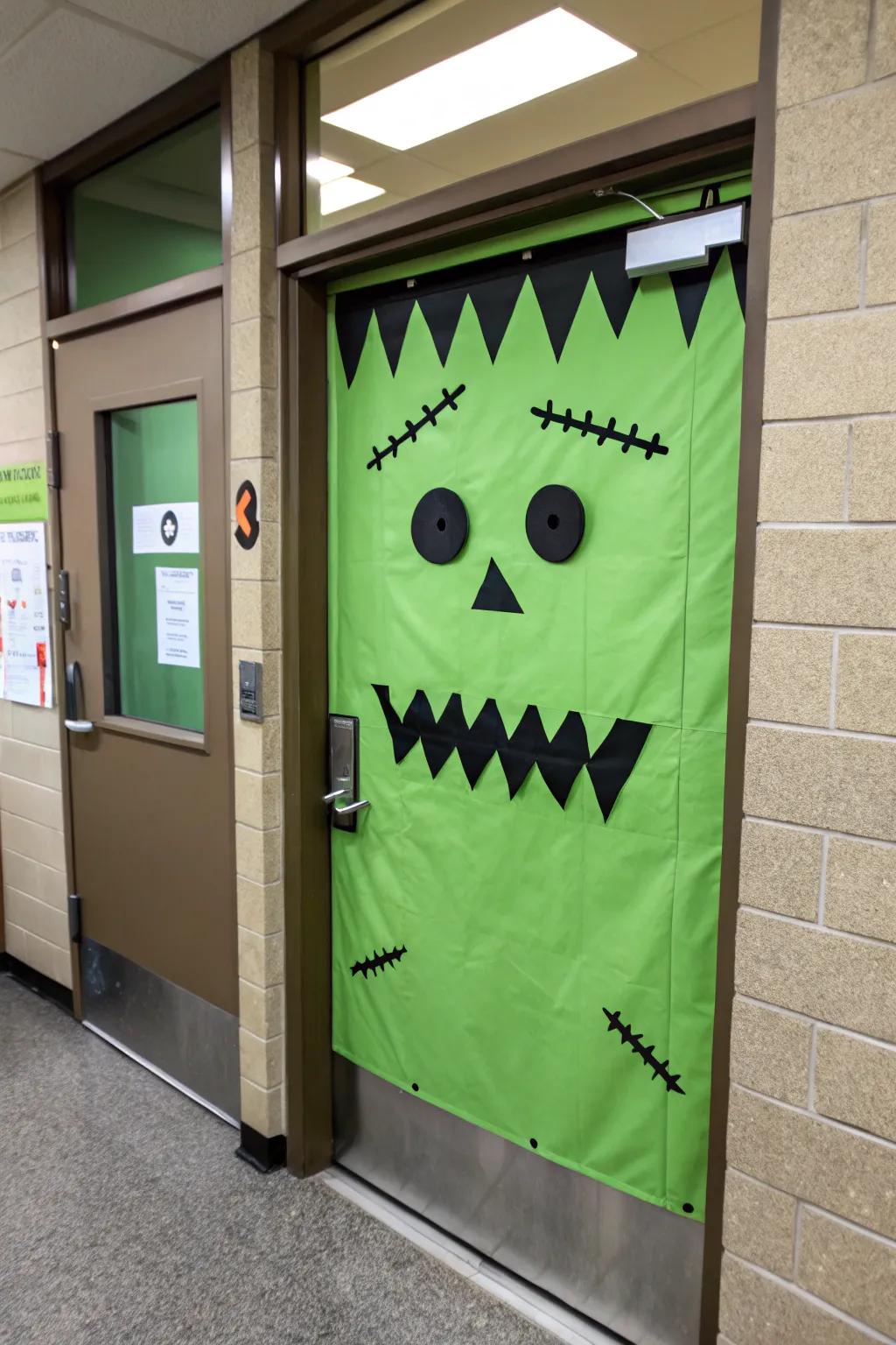 Frankenstein's visage welcoming scholars with a spooky grin.