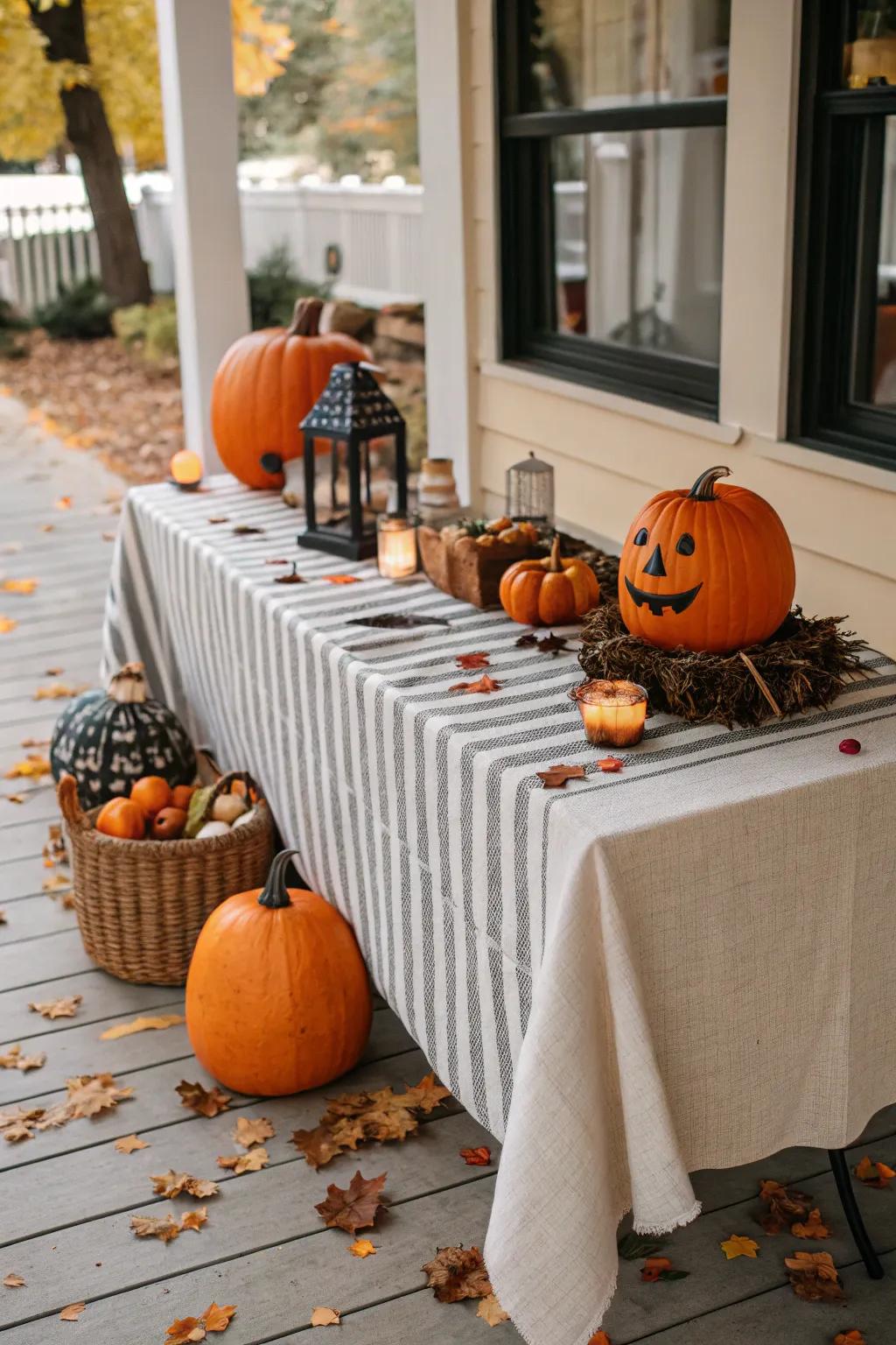Lined textiles contribute a sprinkle of playfulness to this Halloween scene.