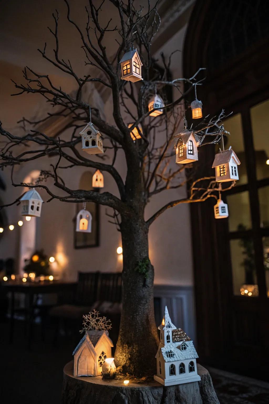 A detailed Halloween tree adorned with miniature haunted dwellings.