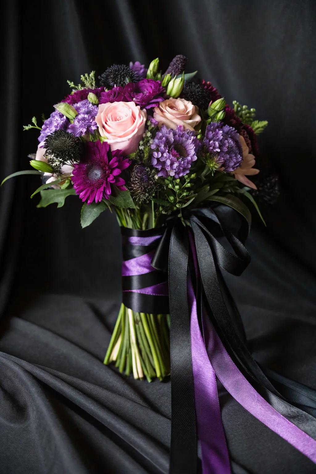 Bands in audacious colors elevate the drama of a bridal bunch.