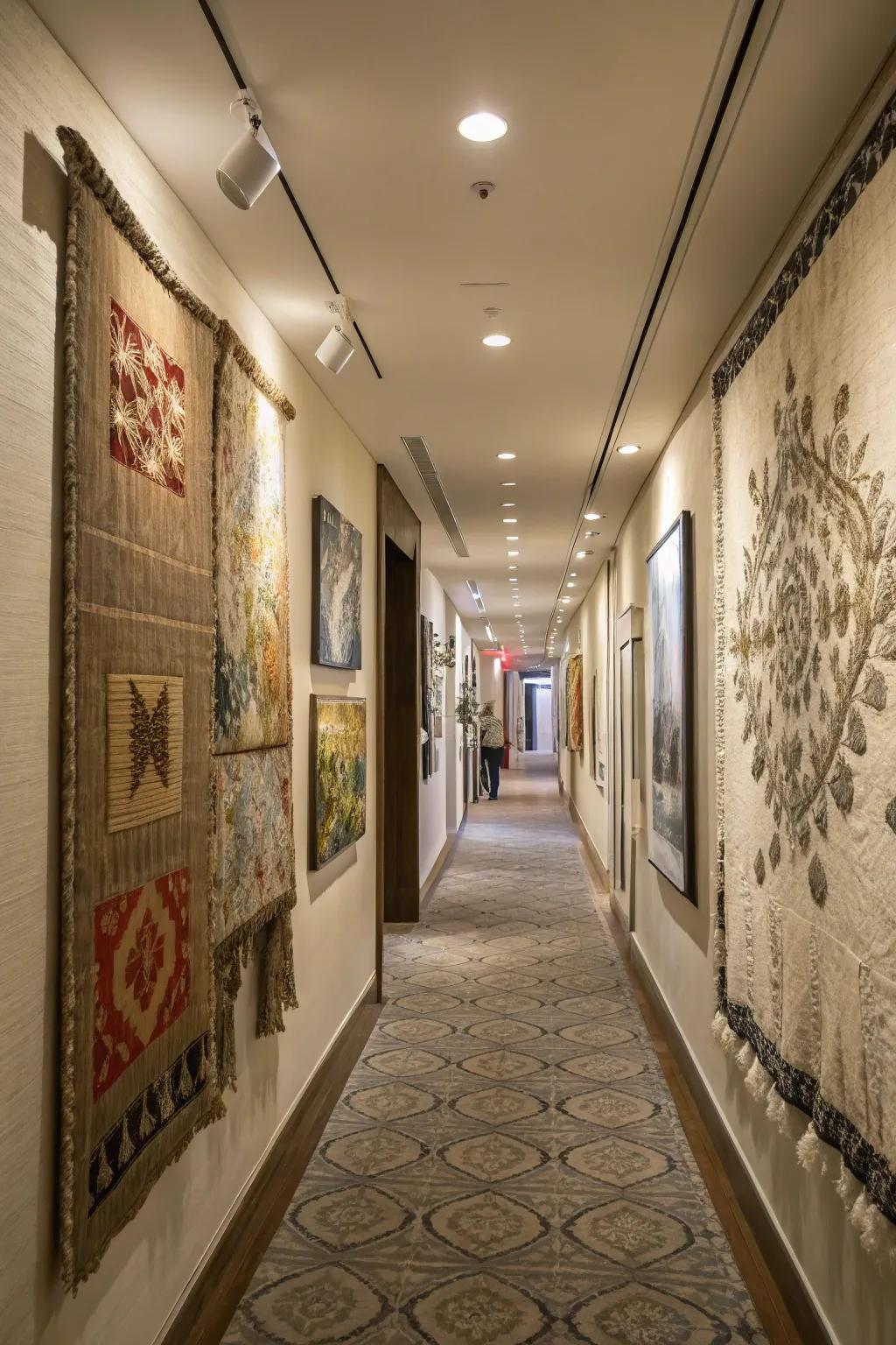 Art pieces with palpable textures bring depth and warmth to corridors.
