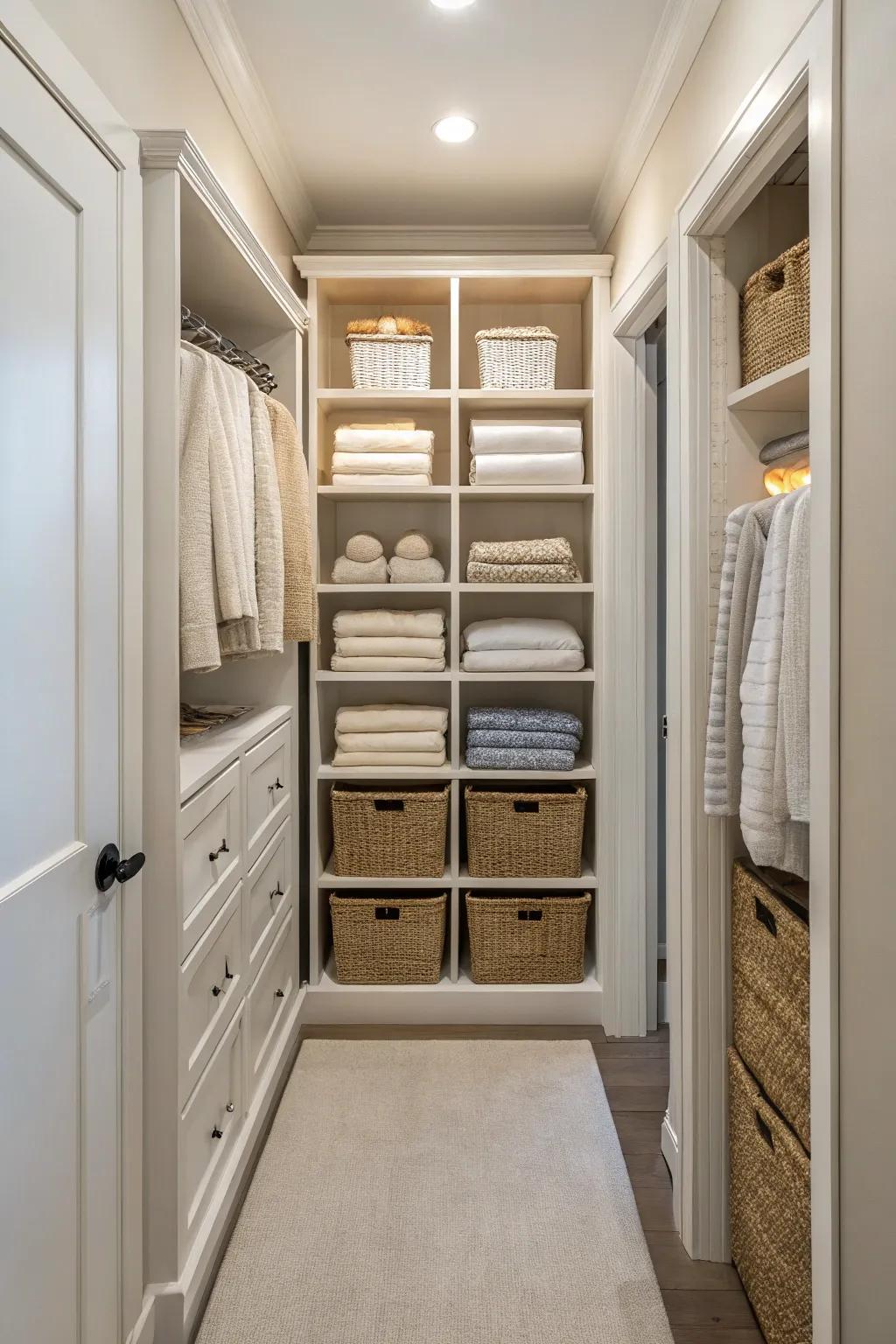 A cloth area in a hallway closet with shelves that are well-ordered.