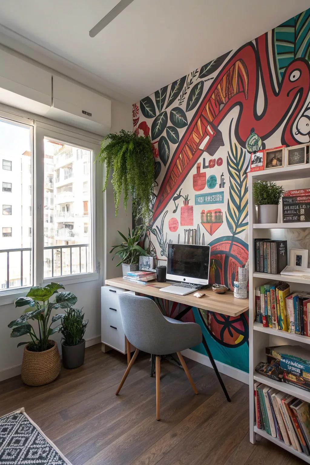 A graffiti mural infuses this residence office with metropolitan pizzazz.