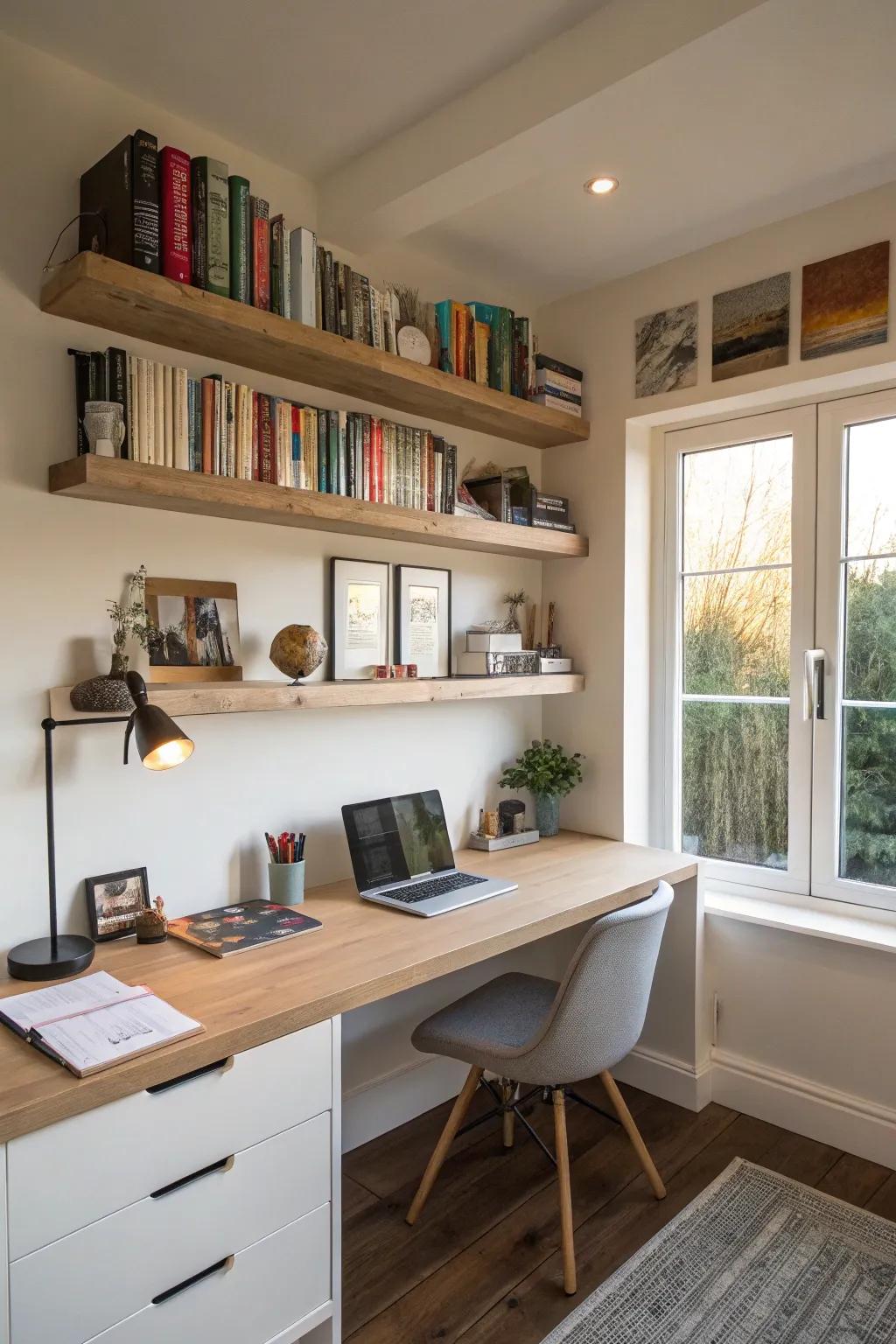 Maximize workplace space through elevated desk shelves.