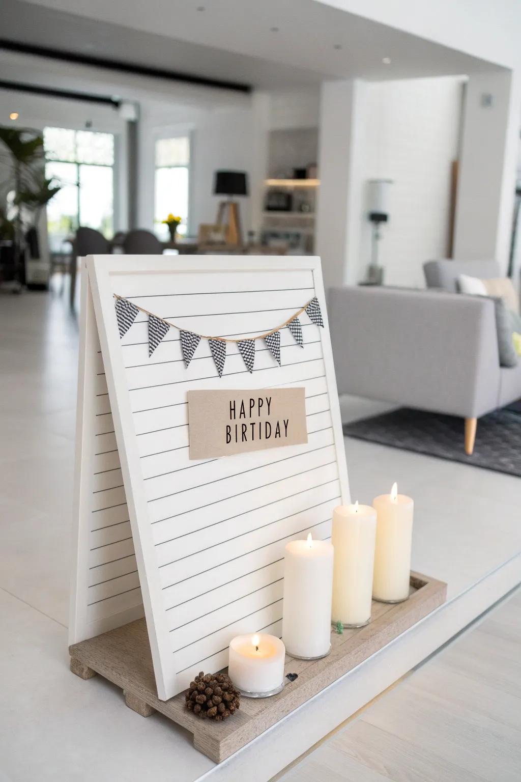 A sleek minimalist birthday display with a contemporary impression.