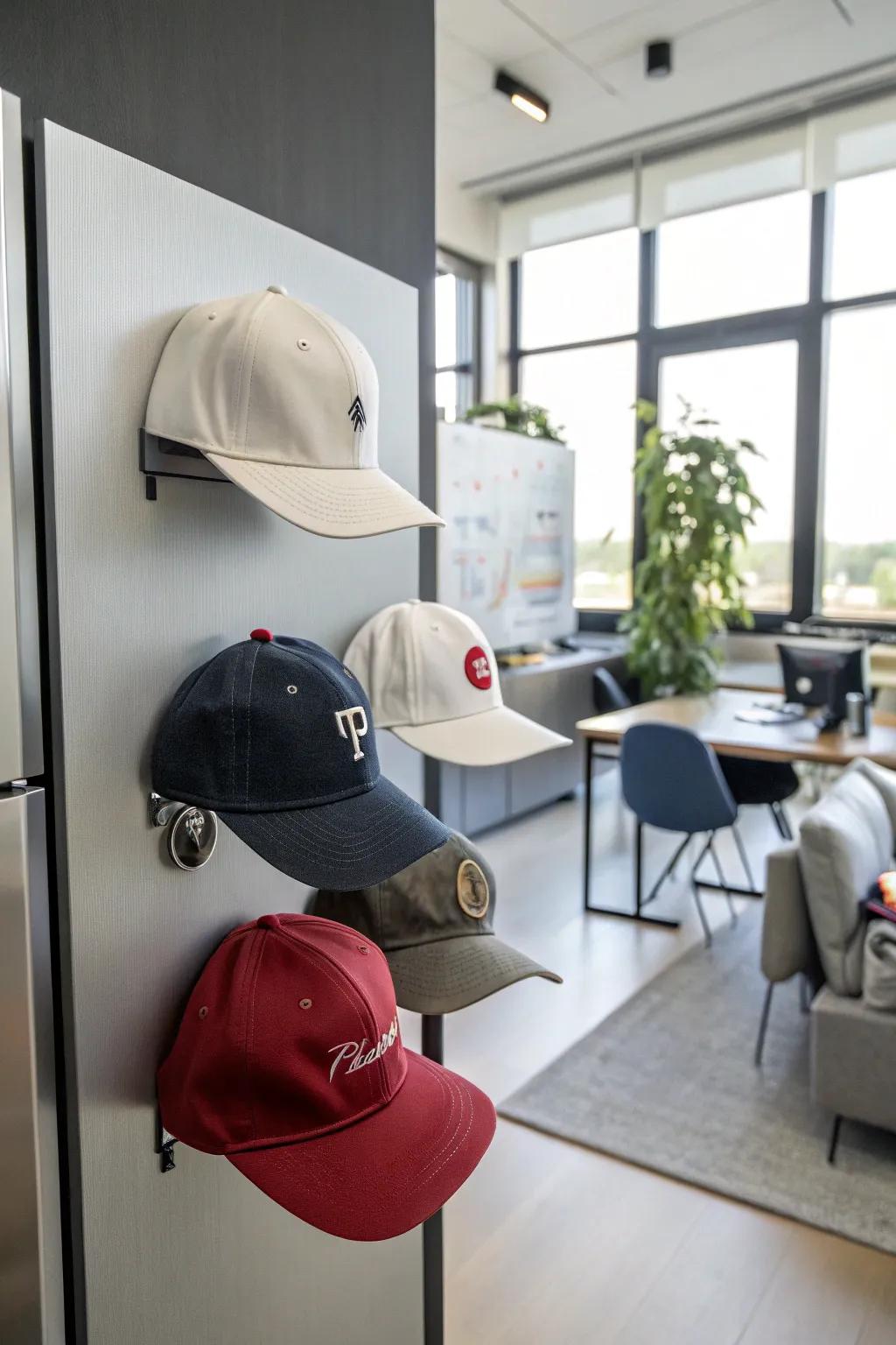 Hats are arranged using magnetic grips.