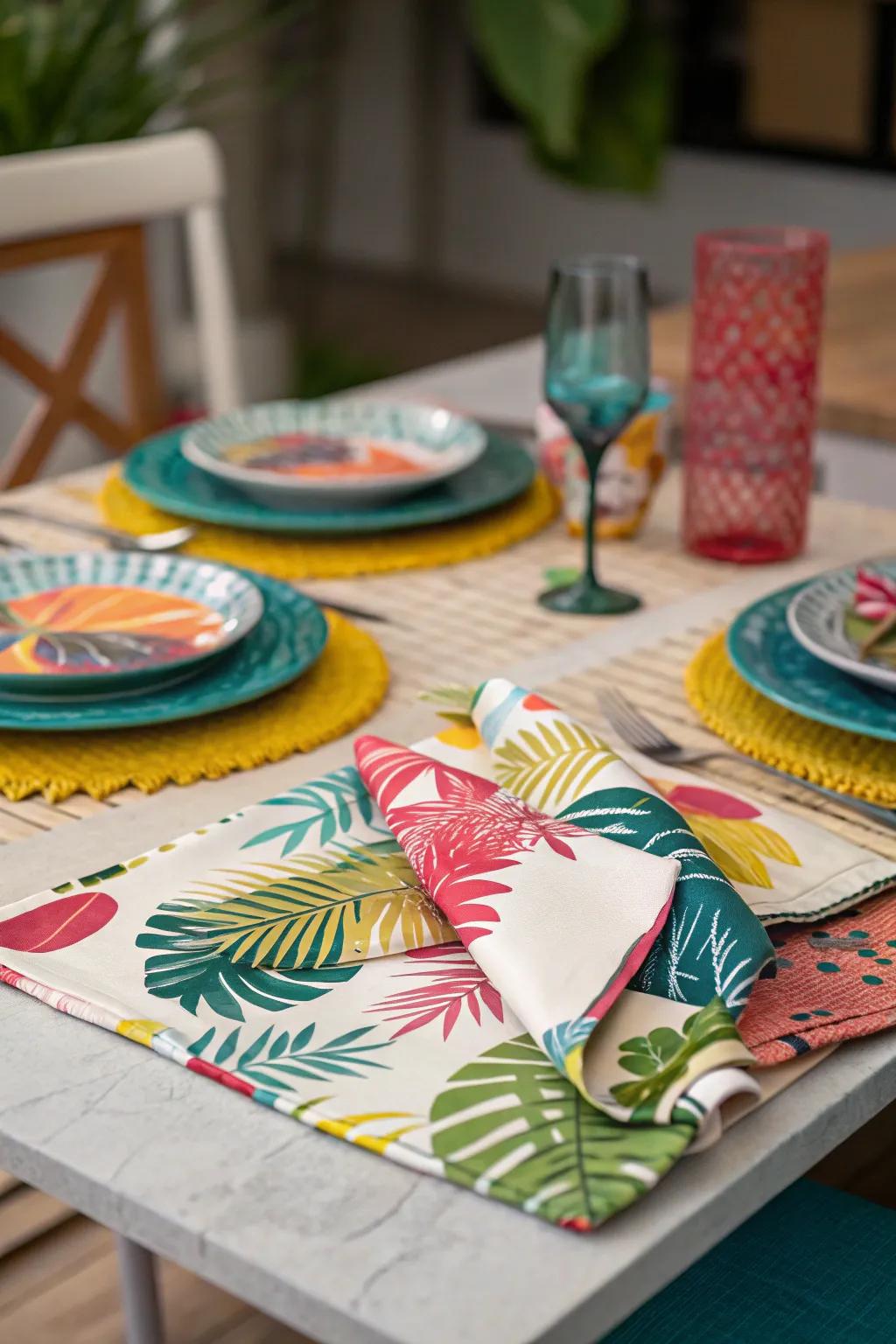 Bright table settings make every meal seem like a tropical banquet.