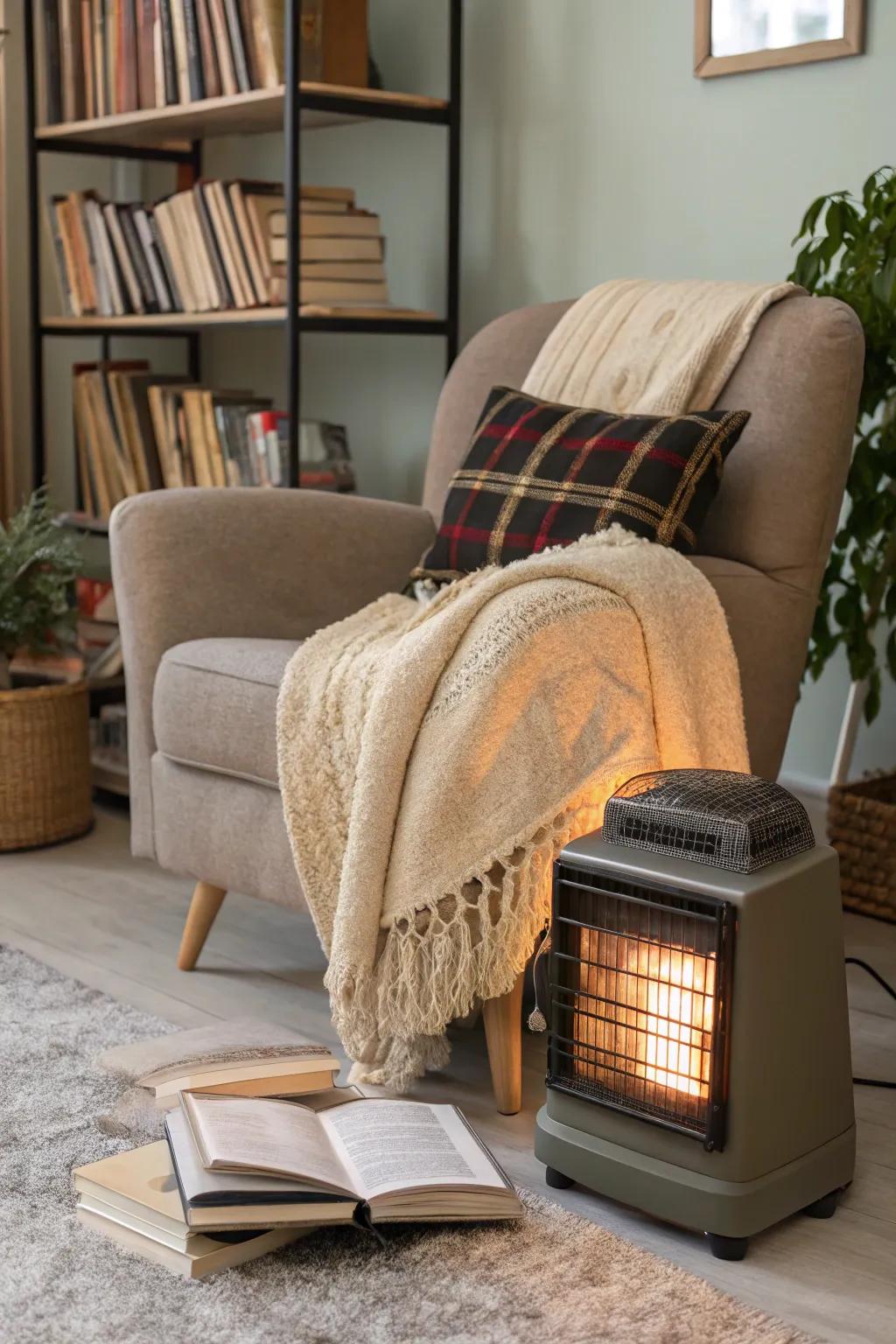 A cozy reading nook with a mobile electro-warmer, ideal for quick and flexible warming.