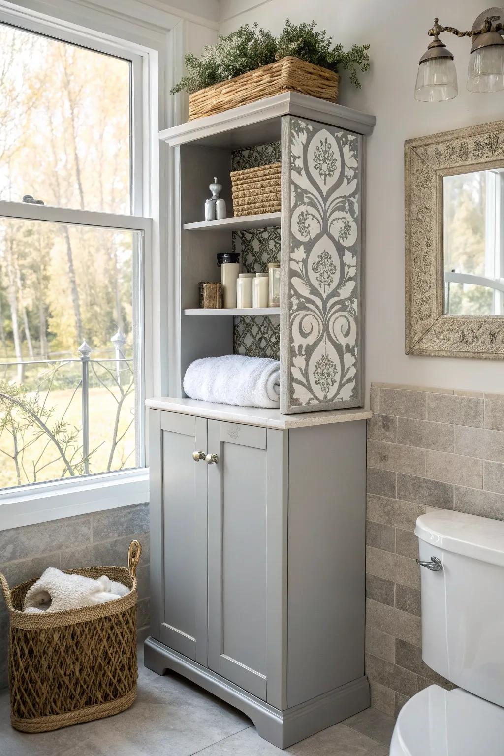 A decorative platform revealing a hidden medicine cabinet.