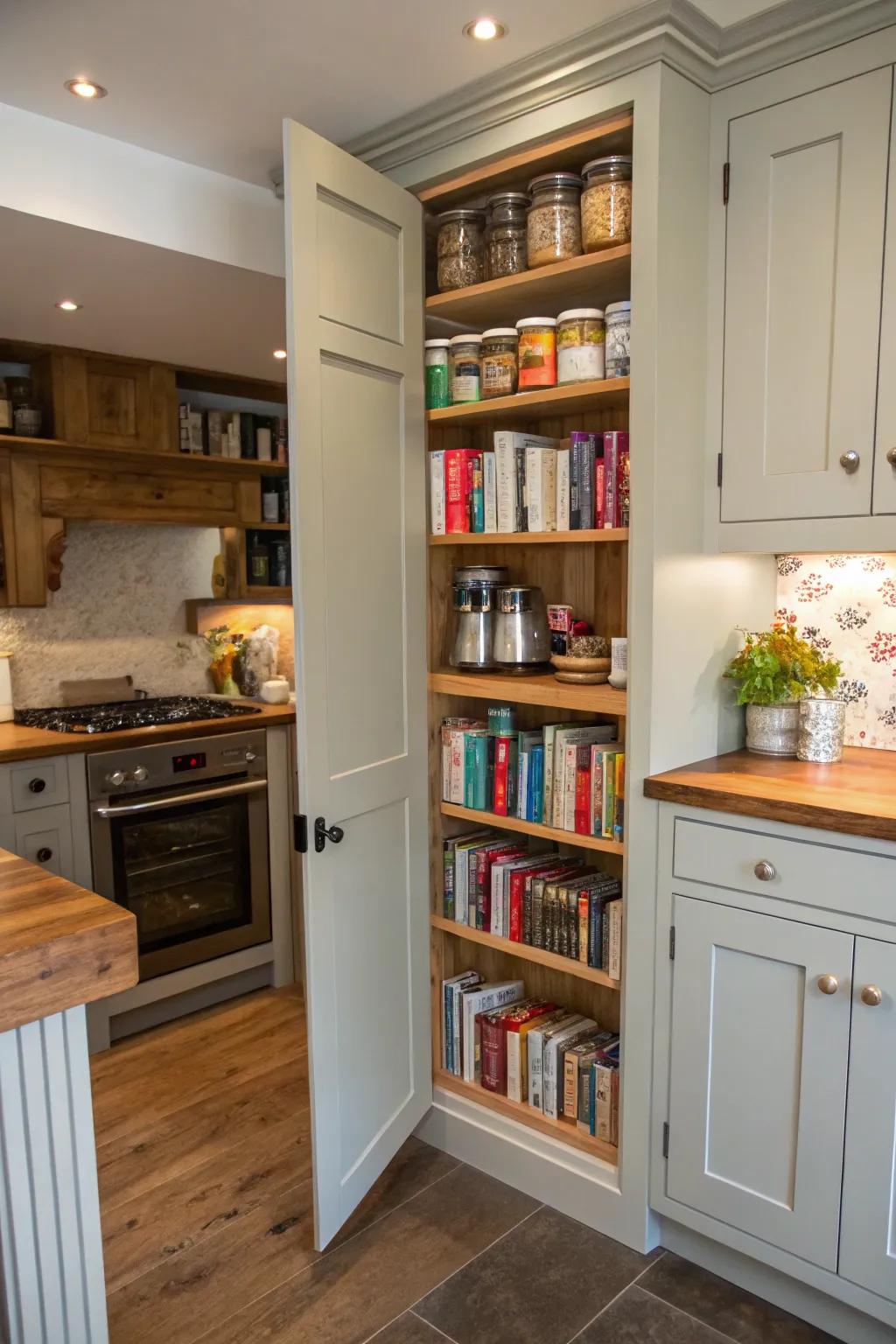 A concealed larder ingeniously camouflaged behind a bookcase threshold.