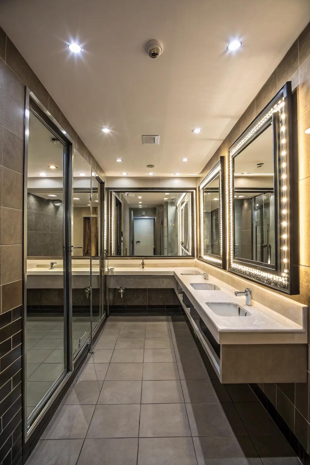 Reflectors fashion the illusion of space in concealed shower layouts.