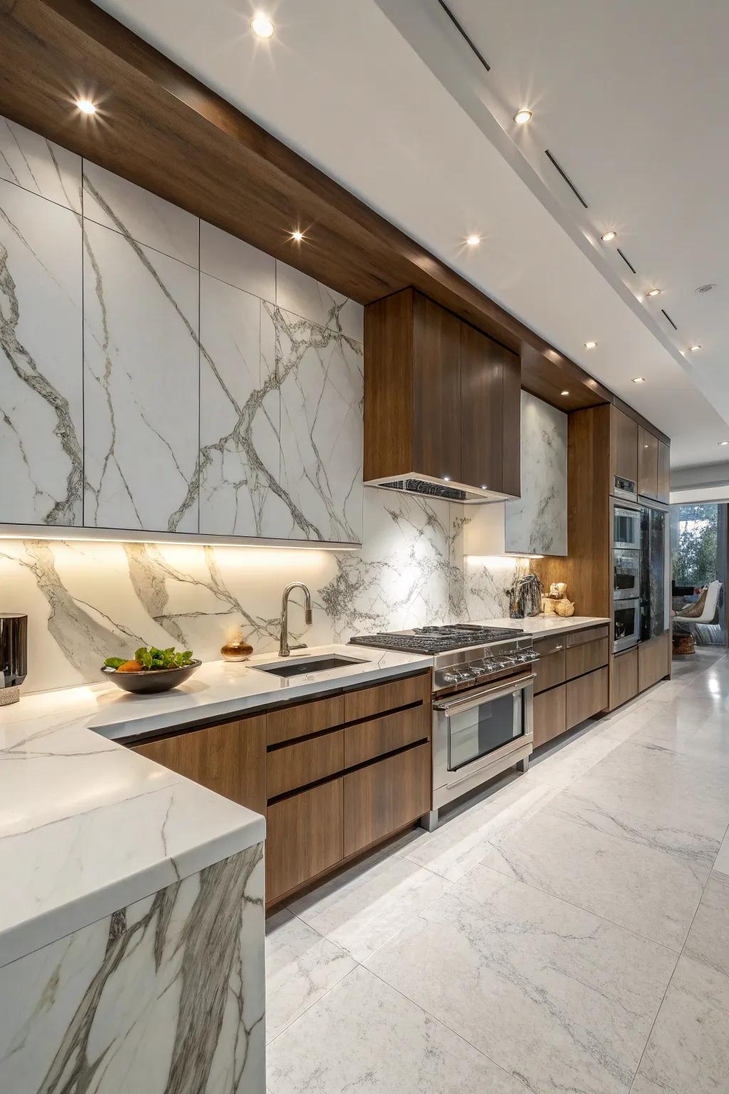 A ceiling-height backsplash adds architectural drama.