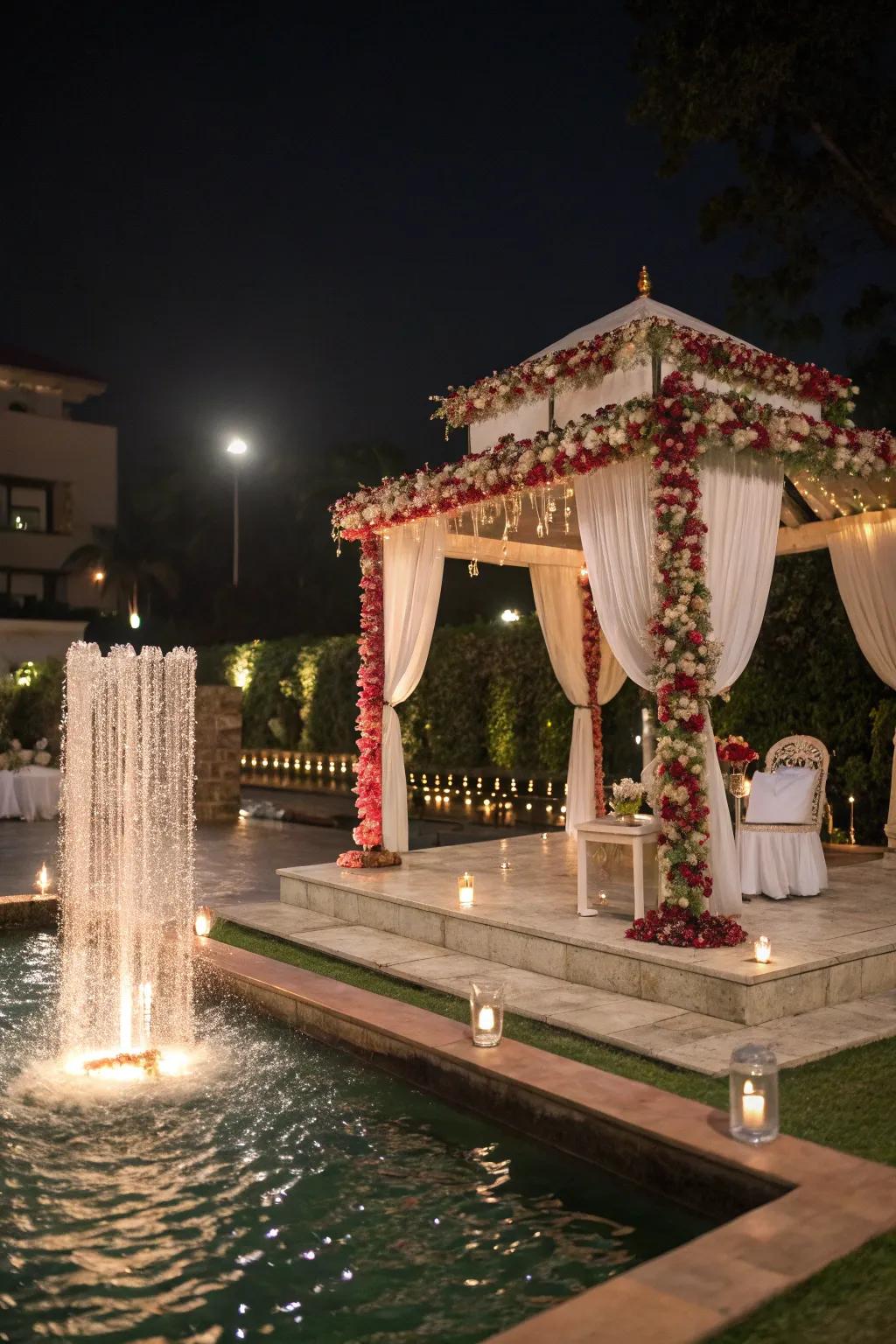 A serene water feature complementing the mandap's sophistication.