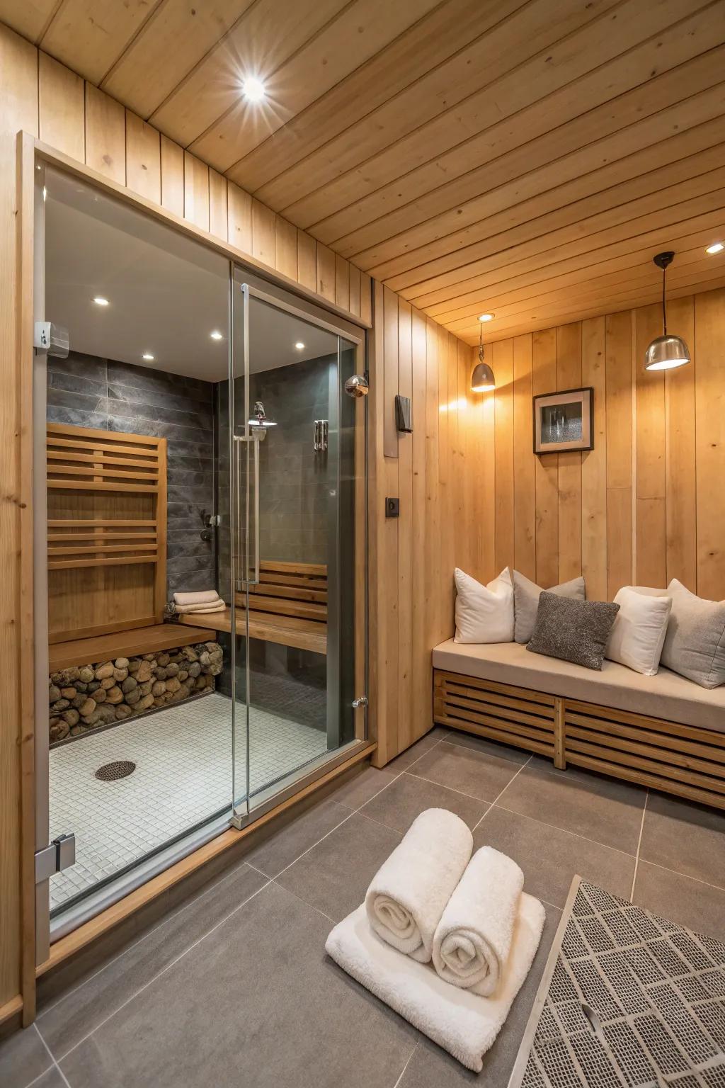 Well-being features enhance the soothing setting inside this sauna.
