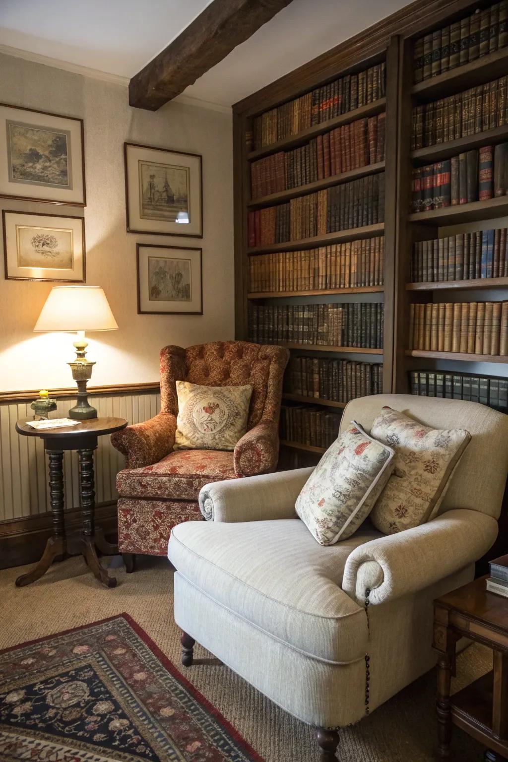 A study corner introduces charm and a place for quiet contemplation.