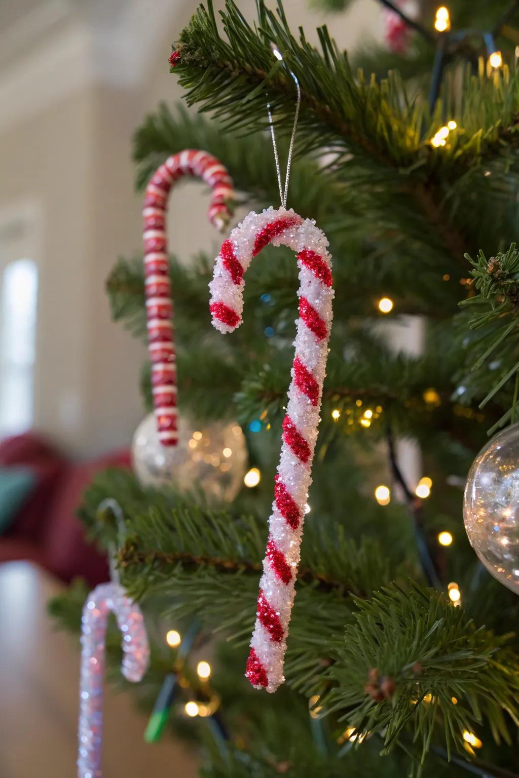 Sparkling crystal candy cane ornaments adding a unique touch to the holiday tree.