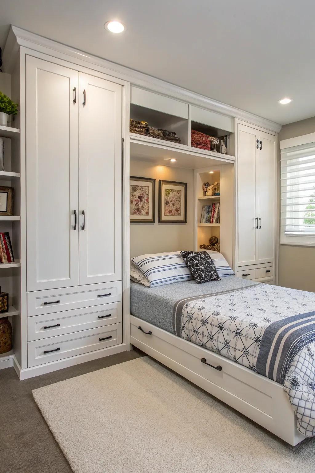 A bedroom optimizing storage having a hideaway bed and built-in cabinets, great for organized living.