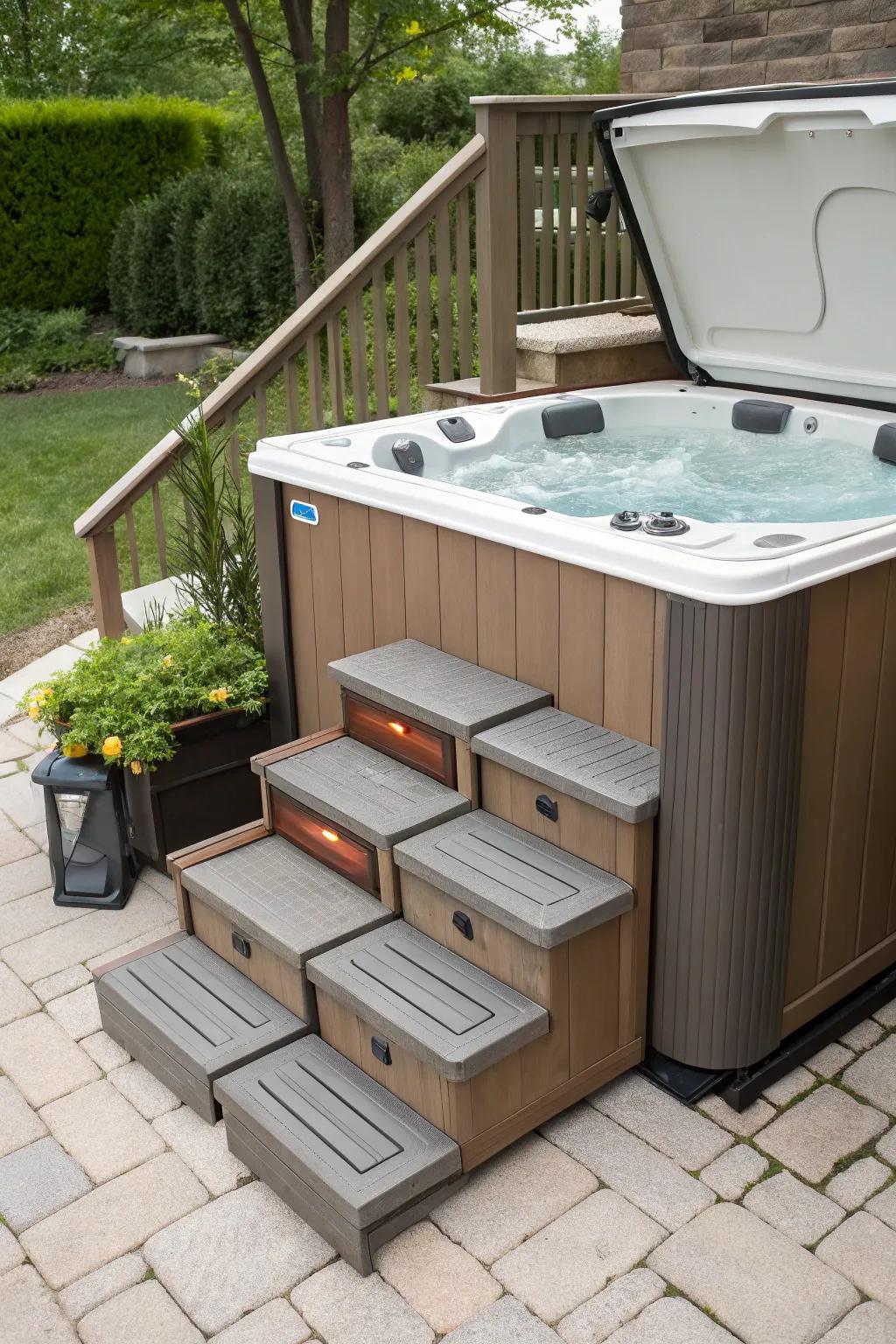 Functional steps and storage elevate the <strong><em>hot tub</em></strong> encounter.” loading=”lazy” class=”pimg”>
	</picture><figcaption>Functional steps and storage elevate the <strong><em>hot tub</em></strong> encounter.</figcaption></figure>
<p>Envision steps for straightforward access and storage remedies for towels and provisions. I discern that pragmatic additions such as these render utilizing the <strong><em>hot tub</em></strong> a delight.</p>
<h3>You might like:</h3>
<ul class=