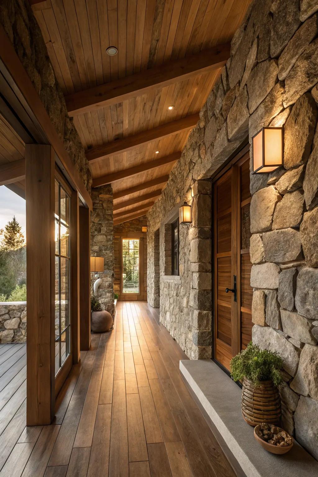 An inviting space featuring natural materials like timber and stone.