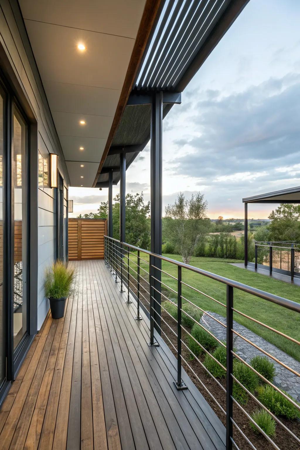 Intermingling textures such as wood and metal appends depth to this porch.