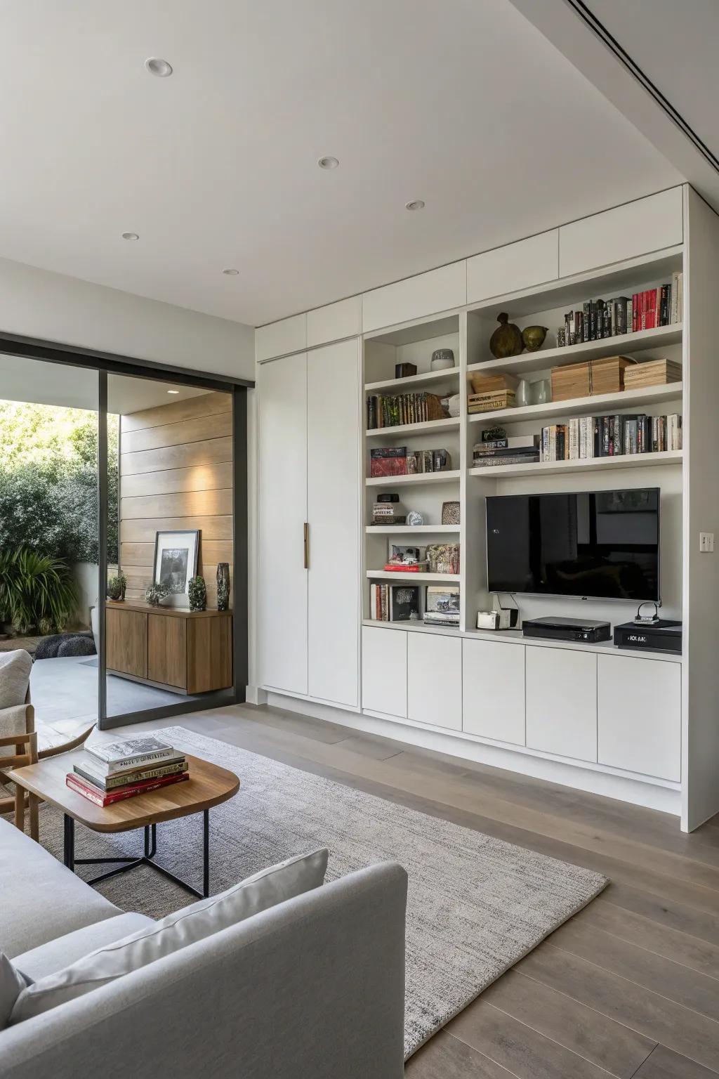 A tidy living space with clever concealed storage options.