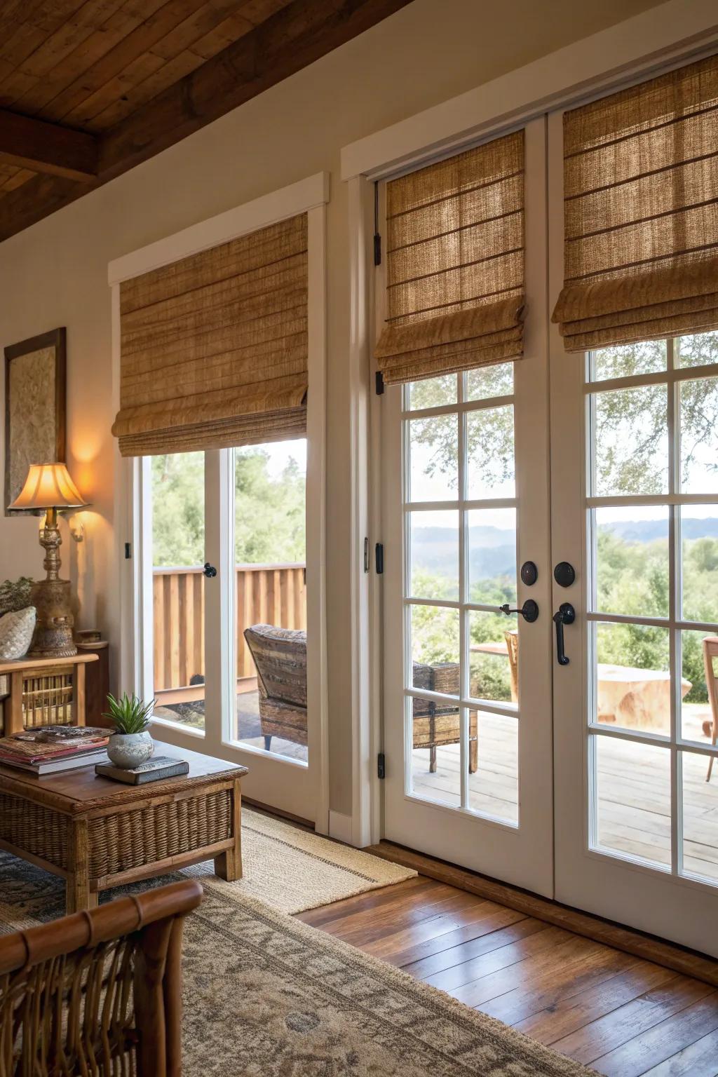 Bamboo screens incorporate a natural element and seclusion to French doors.