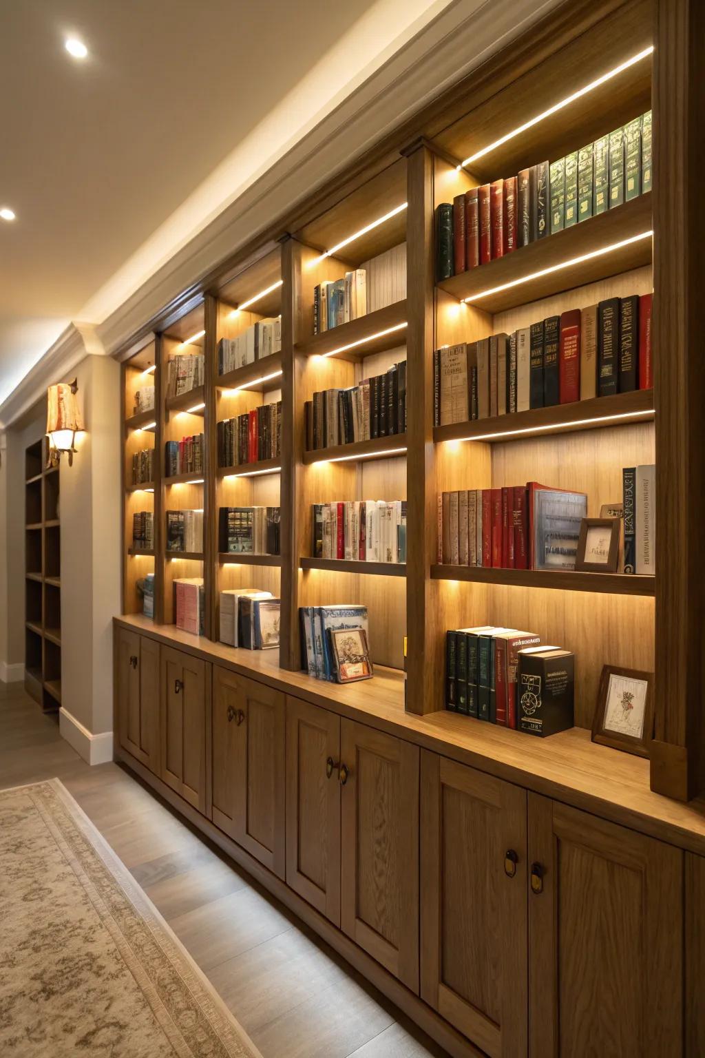 Well-lit bookshelf with integrated illumination.