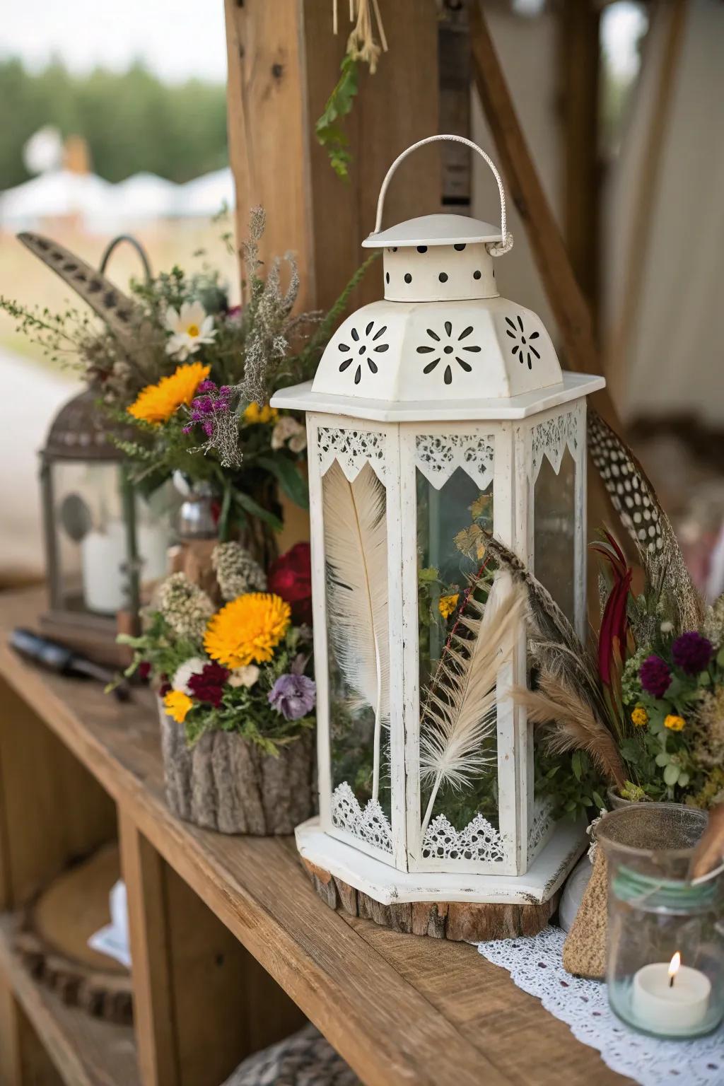 Eclectic bohemian lantern showcasing feathers and wildflowers.