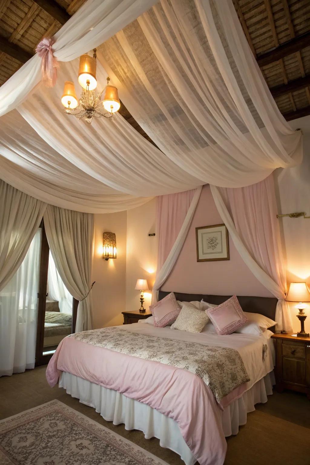 A romantic bedroom with cloth flowing elegantly across the roof.