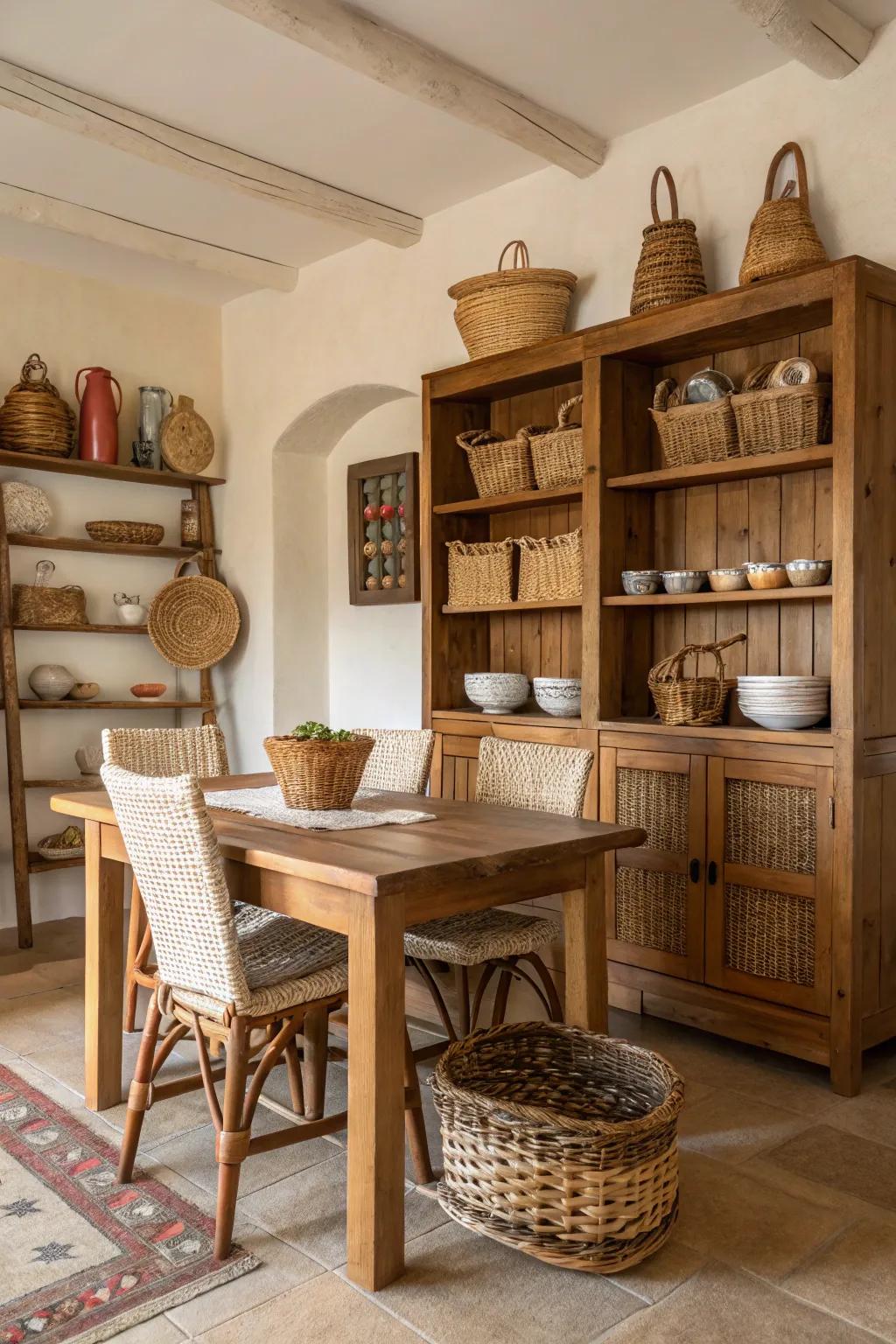 Organic materials infuse warmth and tactile allure into your decorative arrangement.