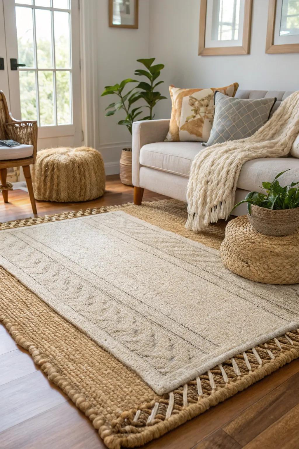 Overlapping rugs incorporates texture and warmth to your floors