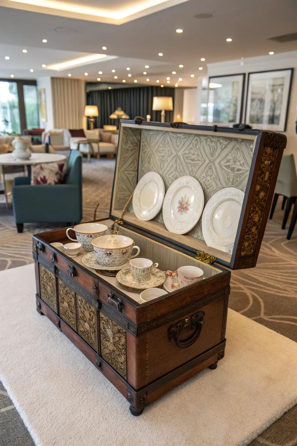 A classic trunk repurposed as a distinctive display container for china.