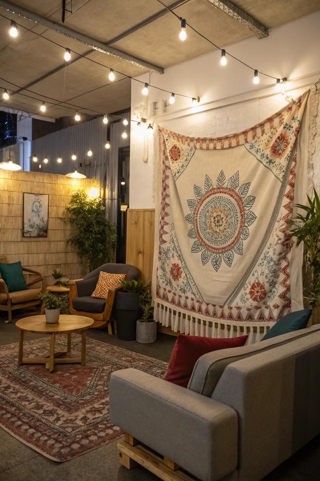 Fasteners present an unpretentious method for displaying textiles.