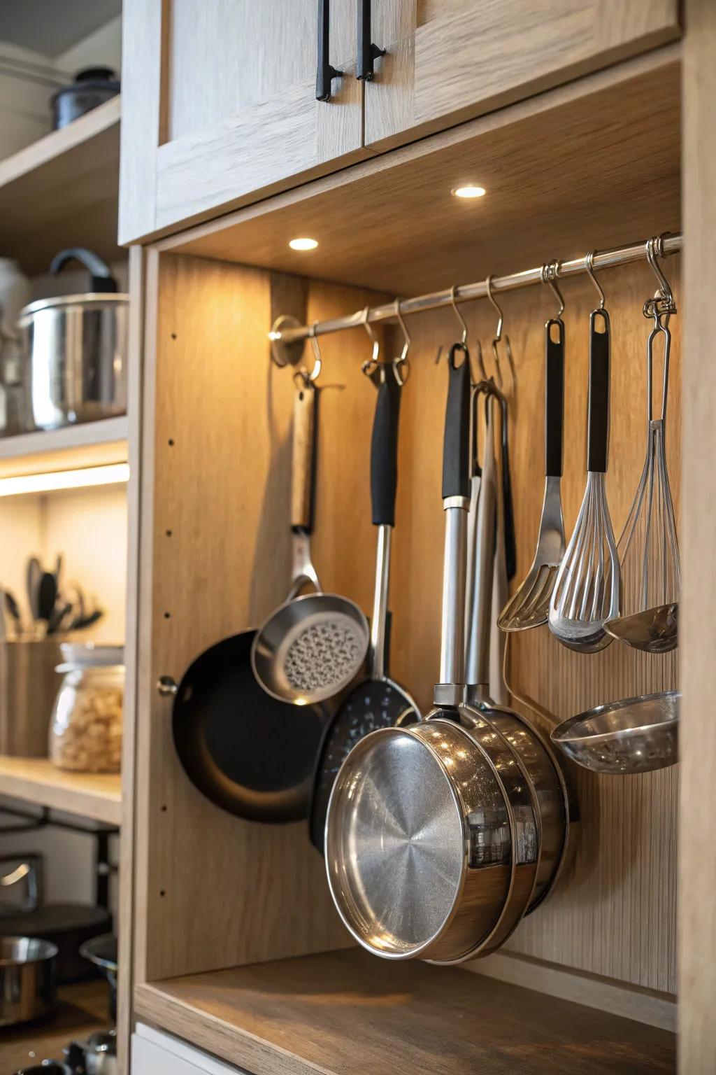 Suspend cookware effectively for simple retrieval.