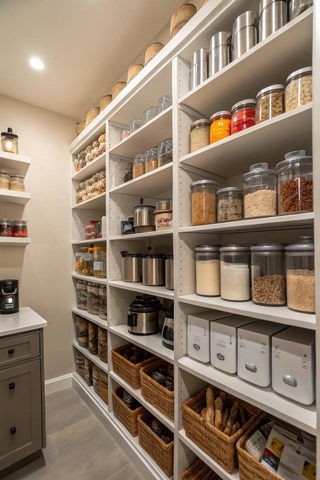 Tall shelves make use of vertical space for storing appliances.