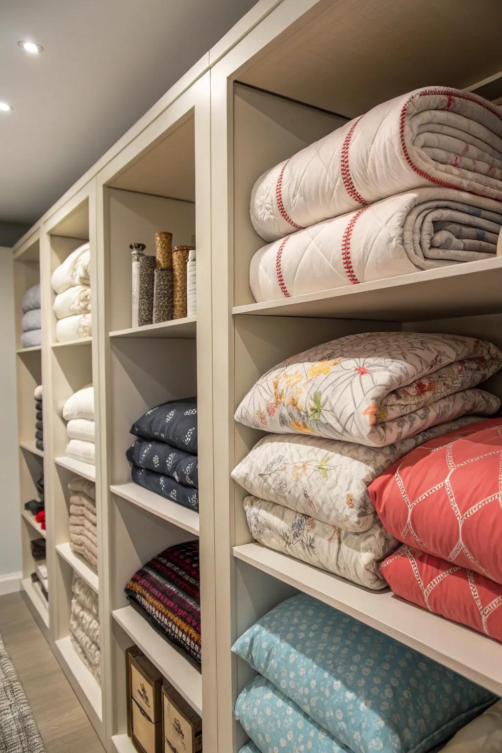Closet shelves with dividers for organized comforter storage.