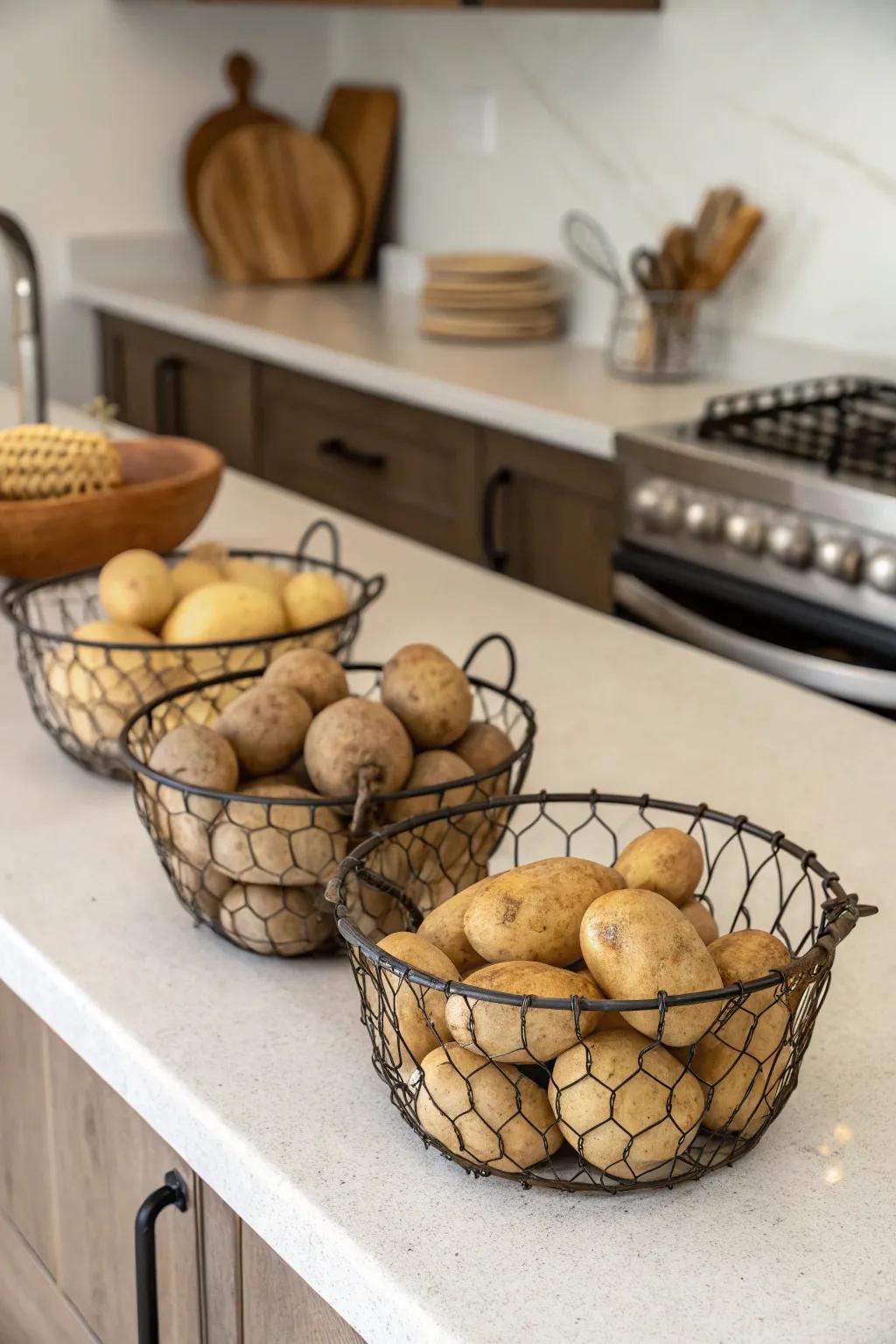 Potatoes gracefully arranged within chic metal baskets.
